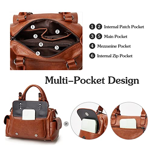 PORRASSO Retro Handbag Women Crossbody Bag Ladies Shoulder Bag with Pendant Satchel Waterproof PU Leather Top-Handle Bag Work Travel Dating Boston Bag Red Wine