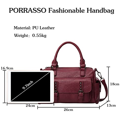 PORRASSO Retro Handbag Women Crossbody Bag Ladies Shoulder Bag with Pendant Satchel Waterproof PU Leather Top-Handle Bag Work Travel Dating Boston Bag Red Wine