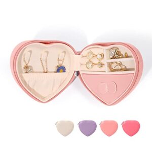 dajasan mini travel jewelry case portable travel jewelry organizer small heart-shaped leather jewelry box for women girls (pink)