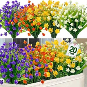 20 bundles artificial flowers for outdoor decoration, spring summer decoration uv resistant faux outdoor plastic greenery shrubs plants fake flowers planter cemetery home garden decor(mix colors)