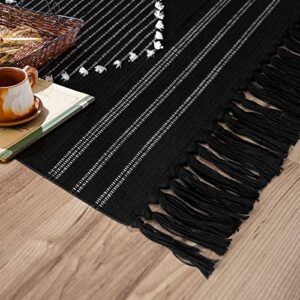 MitoVilla Black Boho Rug 2'x3', Black White Small Boho Bathroom Rug with Tassel, Farmhouse Geometric Bath Mat, Bohemian Runner Rug for Bedroom, Washable Cotton Woven Living Room Throw Rug