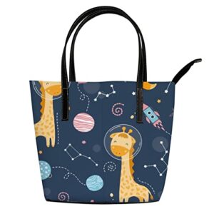 fashionable women’s handbag tote bag, cute giraffe in spaceprinted shoulder bag is light and durable
