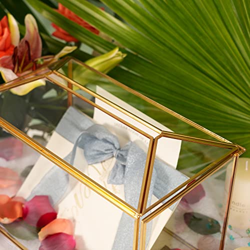 WHSLILR 10" Glass Card Box Wedding Card Box with Lock for Wedding Reception Cosmetic Home Decor, Handmade Large Geometric Terrarium with Hinged Lid, Brass Frame - (Golden/Roof)