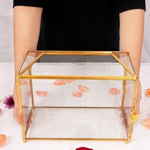 WHSLILR 10" Glass Card Box Wedding Card Box with Lock for Wedding Reception Cosmetic Home Decor, Handmade Large Geometric Terrarium with Hinged Lid, Brass Frame - (Golden/Roof)