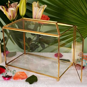 WHSLILR 10" Glass Card Box Wedding Card Box with Lock for Wedding Reception Cosmetic Home Decor, Handmade Large Geometric Terrarium with Hinged Lid, Brass Frame - (Golden/Roof)