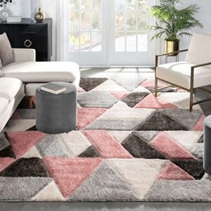 well woven loecke blush triangle boxes geometric thick soft plush 3d textured shag area rug 8×10 (7’10” x 9’10”)