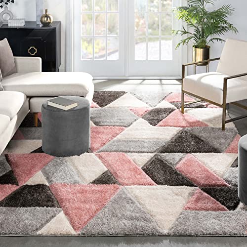 Well Woven Loecke Blush Triangle Boxes Geometric Thick Soft Plush 3D Textured Shag Area Rug 8x10 (7'10" x 9'10")