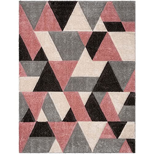 Well Woven Loecke Blush Triangle Boxes Geometric Thick Soft Plush 3D Textured Shag Area Rug 8x10 (7'10" x 9'10")
