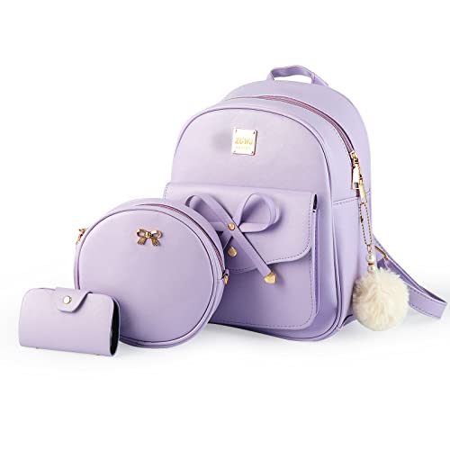 Aogist Mini Leather Backpack Purse 3-Pieces Fashion Bowknot Zipper Bags Cute Casual Travel Daypacks for Girls and Women (Purple)