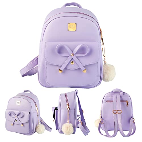 Aogist Mini Leather Backpack Purse 3-Pieces Fashion Bowknot Zipper Bags Cute Casual Travel Daypacks for Girls and Women (Purple)