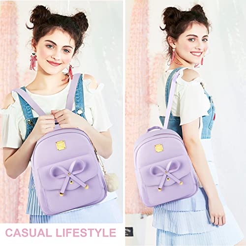 Aogist Mini Leather Backpack Purse 3-Pieces Fashion Bowknot Zipper Bags Cute Casual Travel Daypacks for Girls and Women (Purple)