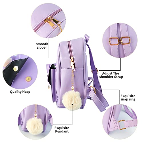 Aogist Mini Leather Backpack Purse 3-Pieces Fashion Bowknot Zipper Bags Cute Casual Travel Daypacks for Girls and Women (Purple)