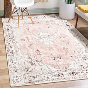 MUJOO Boho Area Rug 3'x5' Machine Washable Area Rugs Pink Small Area Rugs Non Slip for Entryway Bedroom Bedside Kitchen Hallway Living Room Laundry Room Persian Indoor Mat Soft Low-Pile Floral.