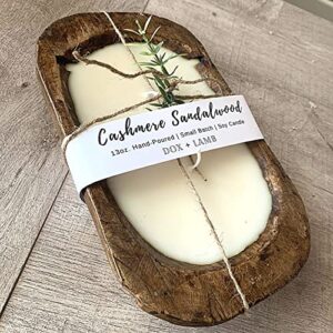 Dox + Lamb Cashmere Sandalwood Rustic Wooden Bowl Candle | Handmade Wood Bread Bowl Candle 3-Wick Soy Wax | Distressed Dough Bowl Candle | Modern Farmhouse Decor Table Centerpiece