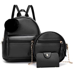 i ihayner women’s backpack 3-pieces fashion pu leather simple design bags travel bookbag (black)