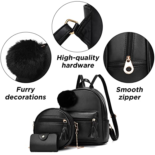 I IHAYNER Women’s Backpack 3-pieces Fashion PU Leather Simple Design Bags Travel Bookbag (Black)