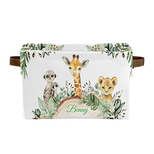 Safari Wild Animal Personalized Storage Bins Basket Cubic Organizer with Durable Handle for Shelves Wardrobe Nursery Toy 1 Pack