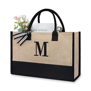 TOPDesign Initial Jute/Canvas Tote Bag, Personalized Present Bag, Suitable for Wedding, Birthday, Beach, Holiday, is a Great Gift for Women, Mom, Teachers, Friends, Bridesmaids (Letter M)