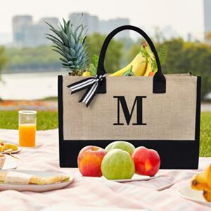 TOPDesign Initial Jute/Canvas Tote Bag, Personalized Present Bag, Suitable for Wedding, Birthday, Beach, Holiday, is a Great Gift for Women, Mom, Teachers, Friends, Bridesmaids (Letter M)