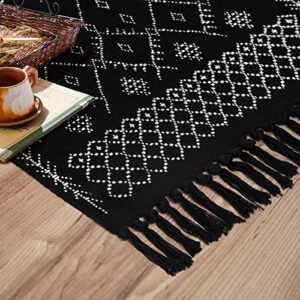 MitoVilla Black Boho Rug 2'x3', Black White Small Boho Bathroom Rug, Farmhouse Kitchen Runner Rugs, Tassel Boho Rug for Bedroom, Washable Bohemian Cotton Linen Throw Rug, Geometric Bath Mat