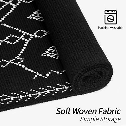 MitoVilla Black Boho Rug 2'x3', Black White Small Boho Bathroom Rug, Farmhouse Kitchen Runner Rugs, Tassel Boho Rug for Bedroom, Washable Bohemian Cotton Linen Throw Rug, Geometric Bath Mat