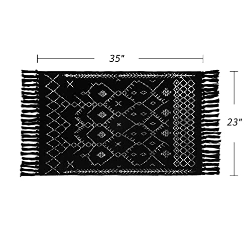 MitoVilla Black Boho Rug 2'x3', Black White Small Boho Bathroom Rug, Farmhouse Kitchen Runner Rugs, Tassel Boho Rug for Bedroom, Washable Bohemian Cotton Linen Throw Rug, Geometric Bath Mat