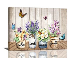 farmhouse bathroom decor wall art country lavender canvas prints painting relax soak unwind rustic bathroom pictures framed artwork flower butterfly home decor for bathroom 16″x12″