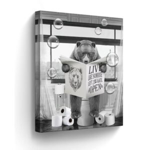 funny bears canvas wall art black and white pictures farmhouse bathroom wall decor bear sitting in toilet reading newspaper painting for toilet bathroom animals artwork framed 12″x16″