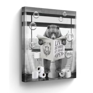 Funny Bears Canvas Wall Art Black and White Pictures Farmhouse Bathroom Wall Decor Bear Sitting in Toilet Reading Newspaper Painting for Toilet Bathroom Animals Artwork Framed 12"x16"