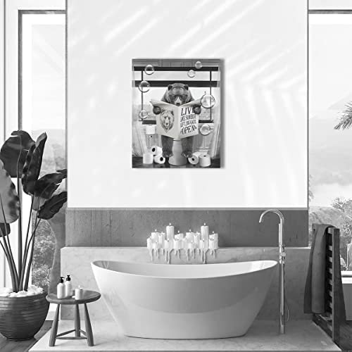 Funny Bears Canvas Wall Art Black and White Pictures Farmhouse Bathroom Wall Decor Bear Sitting in Toilet Reading Newspaper Painting for Toilet Bathroom Animals Artwork Framed 12"x16"