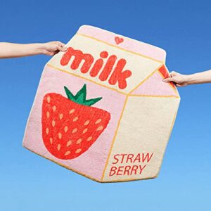 snack break | cute pink strawberry milk rug for bathroom, bedroom, and living room | non-slip backing | ultra soft machine washable microfiber