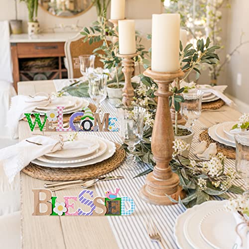 hogardeck Spring Decorations for Home, 2 Pcs WELCOME BLESSED Wood Sign Spring Decor, Rustic Gnome Flower Bird Wooden Block Set Table Centerpiece Farmhouse Ornaments for Mantle Tabletop Tiered Tray Home Decor