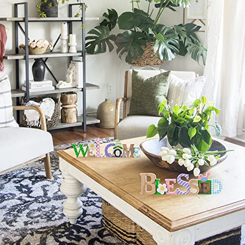 hogardeck Spring Decorations for Home, 2 Pcs WELCOME BLESSED Wood Sign Spring Decor, Rustic Gnome Flower Bird Wooden Block Set Table Centerpiece Farmhouse Ornaments for Mantle Tabletop Tiered Tray Home Decor