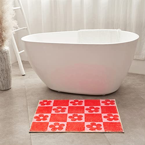Snack Break | Cute Red Flower Checkered Rug for Bathroom, Bedroom, and Living Room | Non-Slip Backing | Ultra Soft Machine Washable Microfiber