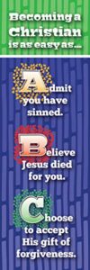 christian bookmarks – abcs to becoming a christian – inspirational religious bookmarks for kids, teens, men or women – standard design – 6.5″ x 2″ – bible bookmarks with scriptures – package of 25