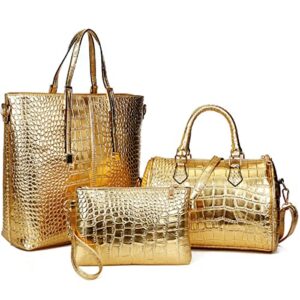 xingchen 3-pc women pu handbag+shoulder bag+clutch crocodile pattern top handle fashion satchel tote purse gold