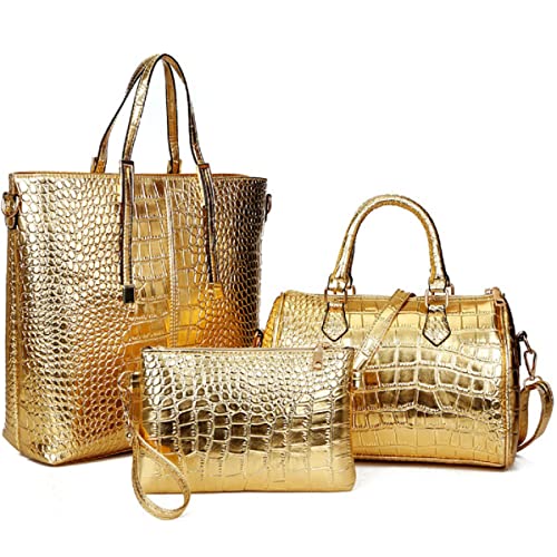 XingChen 3-PC Women PU Handbag+Shoulder Bag+Clutch Crocodile Pattern Top Handle Fashion Satchel Tote Purse Gold