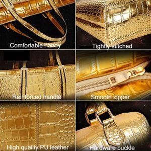 XingChen 3-PC Women PU Handbag+Shoulder Bag+Clutch Crocodile Pattern Top Handle Fashion Satchel Tote Purse Gold