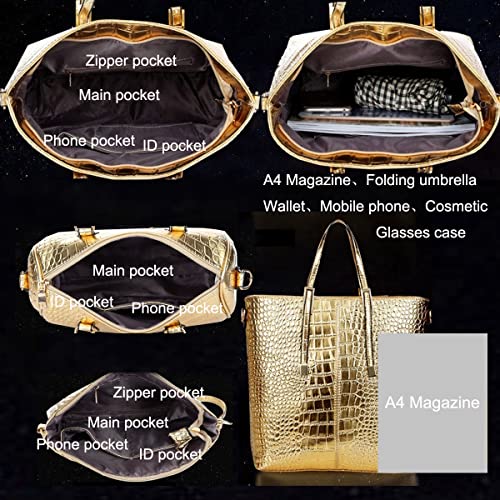 XingChen 3-PC Women PU Handbag+Shoulder Bag+Clutch Crocodile Pattern Top Handle Fashion Satchel Tote Purse Gold