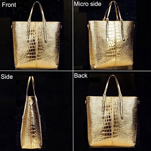 XingChen 3-PC Women PU Handbag+Shoulder Bag+Clutch Crocodile Pattern Top Handle Fashion Satchel Tote Purse Gold