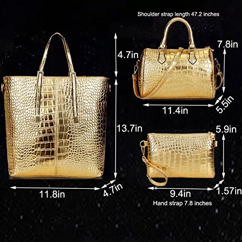 XingChen 3-PC Women PU Handbag+Shoulder Bag+Clutch Crocodile Pattern Top Handle Fashion Satchel Tote Purse Gold