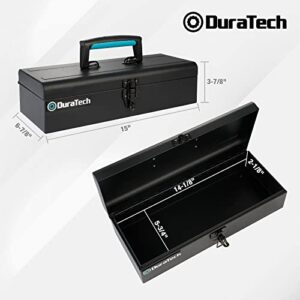 DuraTech Metal Tool Box, 15" Portable Steel Tool Box with Metal Latch Closure & Plastic Handle, Small Tool Box with Anti-slip Base, Multi-Purpose Heavy Duty Toolbox, Black