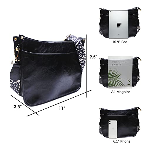 Vegan Leather Crossbody Bags for Women- Medium Size Hobo Zipped Pockets Cross-body Purse with Adjustable Leopard Strap（black）
