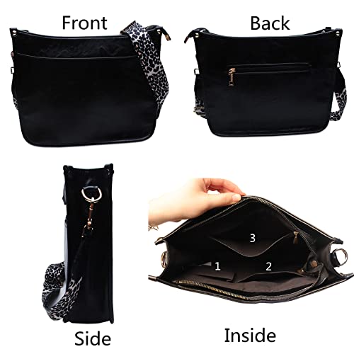 Vegan Leather Crossbody Bags for Women- Medium Size Hobo Zipped Pockets Cross-body Purse with Adjustable Leopard Strap（black）