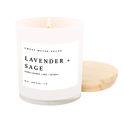 Sweet Water Decor Lavender and Sage Candle | Lavender, Sage, Musk, Patchouli Spa Scented Soy Candles for Home | 11oz White Jar Candle with Wood Lid, 50+ Hour Burn Time, Made in the USA