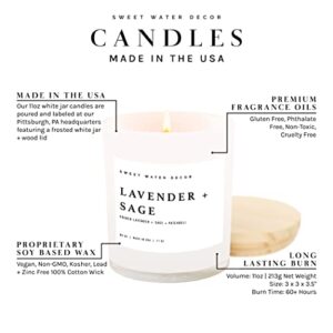 Sweet Water Decor Lavender and Sage Candle | Lavender, Sage, Musk, Patchouli Spa Scented Soy Candles for Home | 11oz White Jar Candle with Wood Lid, 50+ Hour Burn Time, Made in the USA