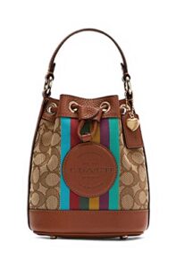 coach womens mini dempsey drawstring bucket 15 in signature jacquard with stripe and coach patch khaki/redwood multi