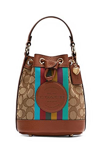 COACH Womens Mini Dempsey Drawstring Bucket 15 In Signature Jacquard With Stripe And Coach Patch Khaki/Redwood Multi