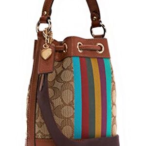 COACH Womens Mini Dempsey Drawstring Bucket 15 In Signature Jacquard With Stripe And Coach Patch Khaki/Redwood Multi