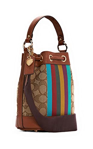 COACH Womens Mini Dempsey Drawstring Bucket 15 In Signature Jacquard With Stripe And Coach Patch Khaki/Redwood Multi